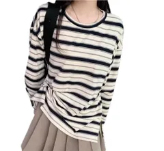 [TaKiHuReO] ボーダー レディース Tシャツ シャツ ロンT トップス カットソー 人気 定番 お洒落 カッコイイ 長袖 (JP, アルファベット, M, ホワイト＆ブラック) [ホワイト/ブラック] [M]