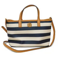Tory Burch トリーバーチ ボーダー トート ブラウン ネイビー 2WAY ショルダーバッグ クロスボディ ダブルT ロゴ PVC ベージュ トートバッグ