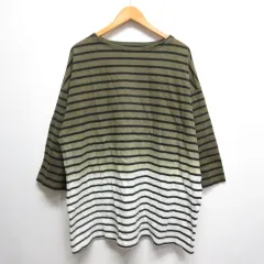 ニコアンド Niko and.. UNSTUDIED ボーダー柄 七分袖 Tシャツ カットソー L カーキ グラデーション オーバーサイズ ダメージ加工のサムネイル