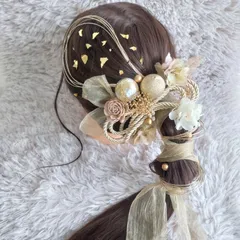 ヘッドドレス 髪飾り＊結婚式 成人式 卒業式 和装 打掛 振袖 袴~ボリューム多め リボン パール 和玉 ロープ 水引 金箔~グリーンピンク 緑 17本