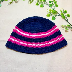 SS-25 春夏用 クラッシャーハット コットン バケットハット ビーニー 男女兼用  ハンドメイド 手編み  クロシェハット ネイビーXピンクXオフホワイト