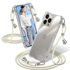 iPhone 15 Pro Max ケース クリア ショルダー 耐衝撃 iPhone15Pro Max スマホケース 透明 織りストラップ付き 肩がけ 首掛け 紐付き アイフォン15Pro Max カバー 縄掛け シングルショルダーロープ 斜めがけ 調節可 0
