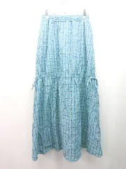 ◇ forksy. ウエストゴム チェック柄 リボン ギャザー 春夏向け ロング丈 フレア スカート サイズFREE ブルー レディース E  【1309250025238】