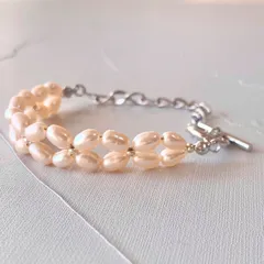 淡水パール 小花 マンテル チェーン ブレスレット オレンジ シルバー No.2022
