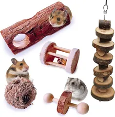 KIDSMAL ハムスター 木製 おもちゃ 5点 セット かじり木 ボール ローラー 噛む 運動 小動物 知育 玩具(天然素材,  たる)