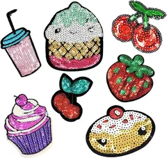 WATASHINO ワッペン アイロン アップリケ 女の子 スパンコール 大人 キラキラ スパングル(フルーツ スイーツ 7枚セット)