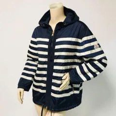 良品★MONCLER・モンクレール BRETON レディース ワッペン フード付き ボーダーデザイン ダブルジップ ナイロンジャケット (0) ブランド レディース アウター ブルゾン ネイビー アイボリー
