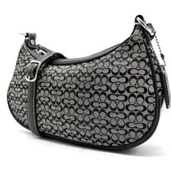 ✨美品✨ COACH コーチ アクセサリーポーチ 化粧ポーチ ハンドバッグ 小物入れ シグネチャー 総柄 ロゴ型押し チャーム シルバー金具 肩掛け 斜め掛け キャンバス レザー レディース グレー 灰色 ブラック 黒色