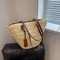 フレンチスタイル 大容量 トウモロコシ皮編みバッグ｜夏用ショルダーバッグ ビーチリゾート エコ素材 手提げかごバッグ ベージュ