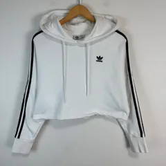 adidas originals アディダスオリジナルス パーカー スウェット 長袖 フーディー ロゴ刺繍 トレフォイルロゴ 袖ライン 3本ライン クロップド丈 ホワイト Mサイズ レディース 古着 ストリート スポーツMIX 短丈 ショート丈