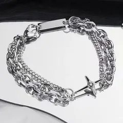 クロス ブレスレット メンズ シルバー Wチェーン ストーン付き 韓国ファッション ストリート モード系 カジュアル ユニセックス アクセサリー おしゃれ 重ね付け風 クール 人気 シンプル プレゼント ギフト デート 普段使い 春夏 秋冬