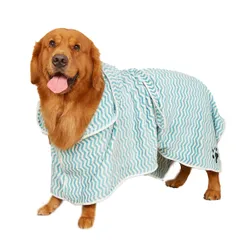 FUPUONE 犬用バスローブ ガウン マイクロファイバー タオル地 ストライプ 超吸収 (ブルー, L) [ブルー] [L]