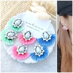 全3色 パステルカラー パールビーズ刺繍×フリンジタッセルピアス/イヤリング
