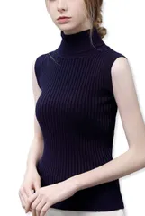 [ハベリィ] タートルネック ノースリーブ リブニット セーター ハイネック トップス レディース (ブラック) [ブラック] [Free Size]