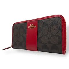 極美品 COACH コーチ シグネチャー 長財布 ラウンドファスナー 茶 ダークブラウン 赤 レッド 54630 IML72 ゴールド金具 PVC レザー ロゴ レディース W1