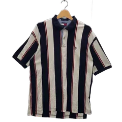 90's vintage TOMMY HILFIGER トミーヒルフィガー 90年代 ストライプ 半袖 ポロシャツ ボタンダウン ワンポイントロゴ刺繡 オーバーサイズ ビッグサイズ XLサイズ ホワイト ネイビー レッド