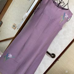 紬の付下げからリメイク　ノースリーブワンピース　水仙の柄