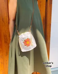 クロッシェ編み 2wayお花の巾着スマホポーチ ショルダー ホワイト