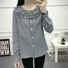 送料無料 ギンガムチェック ブラック フリル 長袖 チュニック トップス/ 紫外線 効果 温感 クリスマス 冬 プレゼント