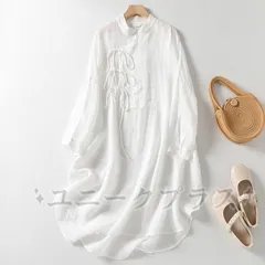 シャツ ワンピース レディース シャツ  ワンピース 長袖 七分袖 綿麻 リネン ゆったり 立ち襟 おしゃれ 春 夏 無地 着痩せ 通勤 通学 カジュアル 中華風 ファッションguyan36 ☆DZ10