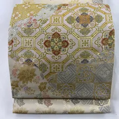 ★つばめ★ 花更紗・カラフル・ベージュ色・袋帯・美品・正絹 夏用 紗袋帯 蔦の葉・実の柄模様 正絹 新古品 No 3716002-200523-2