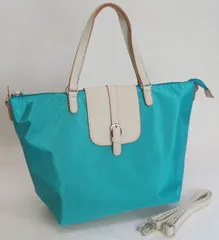 折りたためる2Wayトートバッグ　斜め掛け A4OK　ナイロン×合皮ボストン型 コンパクトボストン(スカイブルー×オフホワイト)