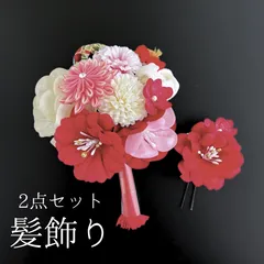 【赤 花 髪飾り 2点セット】 成人式 卒業式 結婚式 振袖 袴 訪問着 着物 和装 浴衣 ゆかた 赤色 白 ピンク 花飾り コーム式 Uピン式  髪留め 組紐 タッセル 和柄 ビジュー  つまみ細工 HCJA062