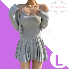 [ COCO&YUKA公式 ] ココアンドユカ かわいい 2点 セット アップ 長袖 前開き カーディガン タイト ミニ ワンピース フレア スカート キャミソール ワンピ セクシー パジャマ ルームウェア グレー L B09WZZPH8W