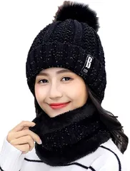 infage ネックウォーマー ニット帽 レディース セット 防寒 スキー スノボ 秋 冬( ブラック,  Free Size)