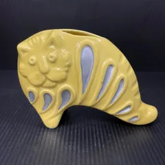 黄色×グレー 陶器製 ネコ型オブジェ 花瓶 フラワーベース 壁掛け可