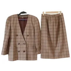 RE188 【美品】Leilian レリアン　スカートスーツ　セットアップ　ノーカラージャケット　チェック　茶系　レディース　９号　ウール　高級感　オシャレ　ダブル　秋冬