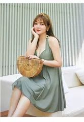 水着 大きいサイズ レディース 体型カバー ぽっちゃり ワンピース オトナ女子 温泉 かわいい セクシー 韓国風 ホルターネック オフショルダー オフショル 肩出し 大人 女性用 グリーン 20代 30代 40代 df001t2