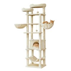 【迅速発送】Mwpo キャットタワー 多頭飼い 猫タワー 猫用品 据え置き 大型猫 爪とぎ おもちゃ ハウス おしゃれ 室内 人気 運動不足 でっかいハンモック 猫の宮 195cm ベージュ 266A