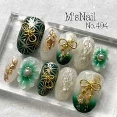 ネイルチップ 成人式 振袖 和柄 和柄 着物 グラデーション 花 フラワー ぷっくりフラワー 緑