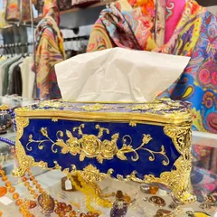 ヨーロッパ風 高級感 ブルーゴールド 薔薇柄 ティッシュボックス ケース ロココ調 猫足 ラインストーン 北欧 ヨーロッパ調 ラグジュアリー マグネット 黄金 紺 青 金 おしゃれ 海外 インテリア ya
