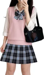 CosMisty 制服 女子高生 コスプレ ニット チェックスカート 長袖シャツ リボン かわいい 洗える 4点 セット ピンク系(ピンクM)