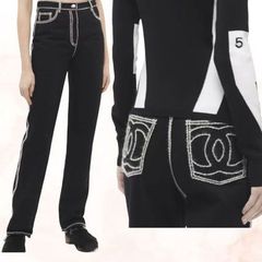 【新品同様品】CHANEL シャネル P77384 V70084 ココネージュ ホワイトステッチ デニムパンツ 38 コットン ブラック×ホワイト 中古 ジーンズ ボトムス ズボン ジーンズ レディース 女性用 ファッション ブランド 黒 白 プレゼント