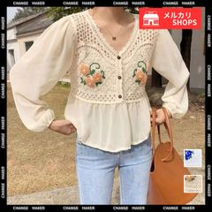 花刺しゅう シフォン袖 ニットトップス 透かし編み ニット コンビブラウス 長袖 シアー シースルー 透け感 韓国ファッション レディース 花柄 異素材 ドッキング 刺しゅう シャツ かぎ編み ショート 可愛さ満点 98XINCHENG-001
