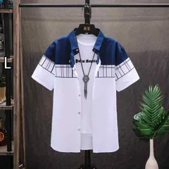[L]メンズ ファッション 服  オシャレ シンプル 大人 かっこいい 大きいサイズ ストリート 紳士服 青 夏 薄手 シャツ 半袖 韓国スタイル ジャケット シャツ