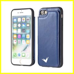 【 Antimam 】背面カード 手帳型ケース iPhone SE (2020) / SE2 (第2世代) iphone8 /iphone7 対応 APPLE スマホバックカバー（ネイビーブルー）手作り お洒落シンプル 軽量 耐久性 カード収納 スタンド機能付