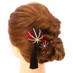 髪飾り 成人式 赤 振袖 前撮り 袴 花 浴衣 夏祭り 花火大会 豪華2点セット 黒 ゴールド ちりめん 玉飾り 鞠 鞠玉 格子柄 房付 No.9-3658