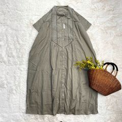 新品 ピンタックワンピース ハシゴレース ストライプ グレージュ フリー