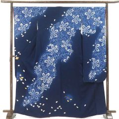 振袖 身丈167cm 裄68cm 前幅24.5cm 後幅30cm 袖丈113cm 袖幅34cm レディース 袷 桜 裄長 裄Lサイズ 秋冬春用 正絹（シルク）ネイビー トールサイズ やや難 リメイク リユース リサイクル【呉服のきくや】