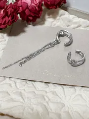 結び目イヤーカフセット｜上品ロジウム仕上げ・チェーン付き＆シンプル片耳ペア（シルバー）