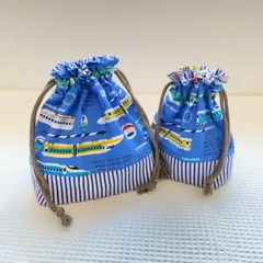 🅝🅔🅦 【2点セット】お弁当袋・コップ袋　新幹線 ✖️ ストライプ　／  青　電車