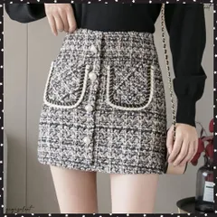 ツイードスカート レディース ハイウエスト チェック柄 ミニスカート 美脚スタイルがよく見える台形シルエットなツイード風ミニスカートしっかりとした厚みのある生地と、インナーパンツ仕様でミニ丈でも安心