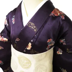 小紋 着物 中古 正絹 袷 カジュアル 刺繍 花模様 地模様 黒鳶色 多色 金 身丈161cm 裄64cm M きもの北條 A1027-3