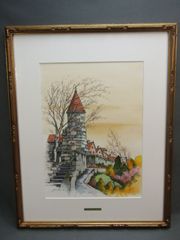リトグラフ　秋の風景　遠藤秀雄　13/100　額装　54×42cm