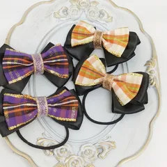 【ハロウィン】リボン ヘアゴム チェック柄【オレンジ&紫】