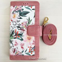 iPhone 16e スマホ ケース 手帳型 レザー調 ショルダー 肩掛け 紐付き ピンク ベージュ 植物 花柄 フラワー